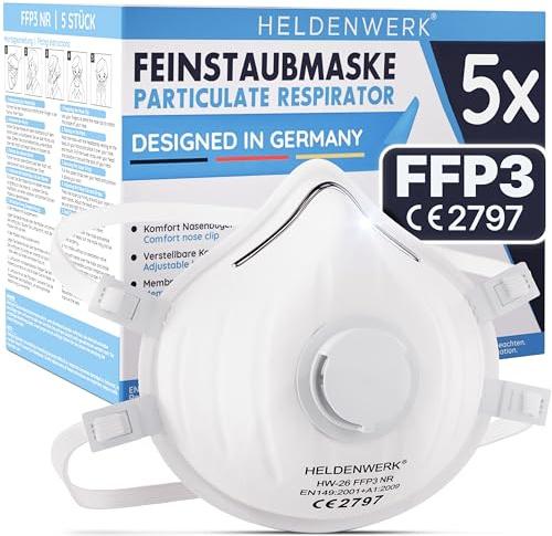 HELDENWERK® FFP3 Masque avec valve – Lot de 5, 10 ou 20 – Masque de protection respiratoire/Masque anti-poussière avec valve de respiration certifiée – Masques anti-poussière avec bandeau arrière