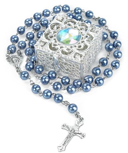 LQTSLFM Rosenkranz Kette mit Case, Rosenkranz Kommunion Männern Damen, Rosary Necklace in Im Metallbox, Rosenkranzkette Geschenk für Angehörigen, Älteste, Liebste (Blau)