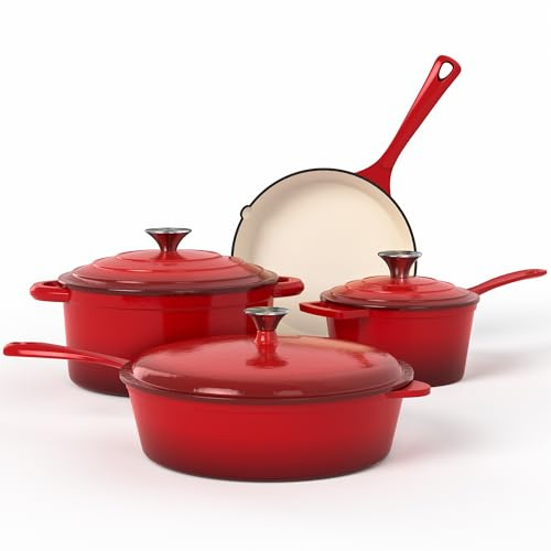 Kitchen Academy 7-Piece Enamelled Cast Iron Casserole Dish and Cookware Set | Non-Toxic Induction Compatible Pots and Pans, Oven Safe, PFOA & PFOS Free