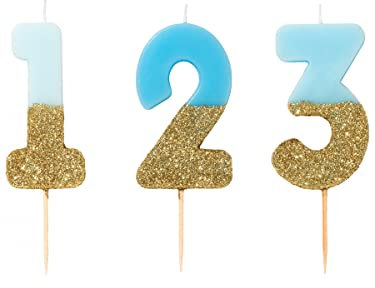 Talking Tables Geburtstagskerzen | Kerzen für Geburtstagskuchen | Kerzen Blau | 4 Geburtstagskerze Cake Topper | Gold Glitzer und Blau, Height 8cm, 3