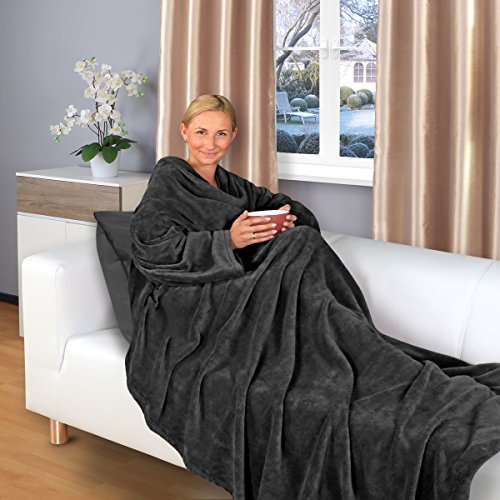 Gräfenstayn® Kuscheldecke mit Ärmeln und Fußtasche - Flauschige Decke zum anziehen - Öko-tex Standard 100 - Ärmeldecke für Damen & Herren - TV-Decke (Schwarz, 180x150cm)