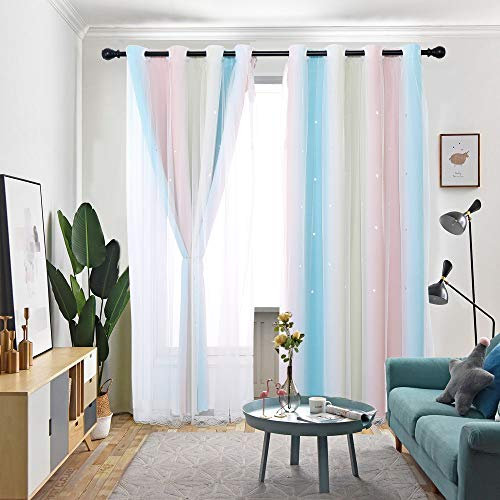 Vorhang Blickdicht Verdunkelungsvorhänge Sterne Gardinen Doppelschicht Sternenvorhänge mit Voile Vorhänge für Mädchen Schlafzimmer Wohnzimmer Kinderzimmer, 2 Stück (Regenbogen, B130 x H 215 cm)
