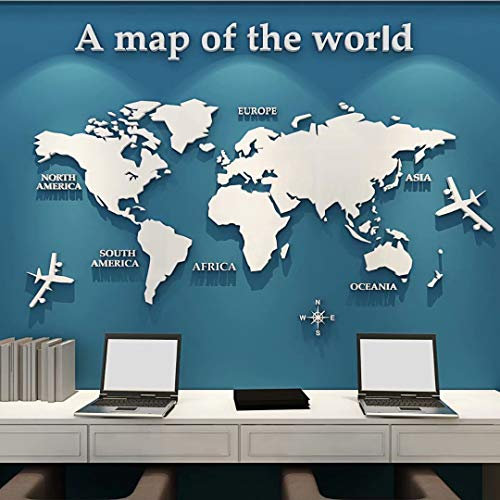 Adesivo da Parete Mappa - Del Mondo 3D Mappa Adesivi Murali Fai da te Arts Wall Sticker Decorativi per Soggiorno TV Par Camera da Letto Ufficio Stanze (Bianca,S:80 * 40 cm)