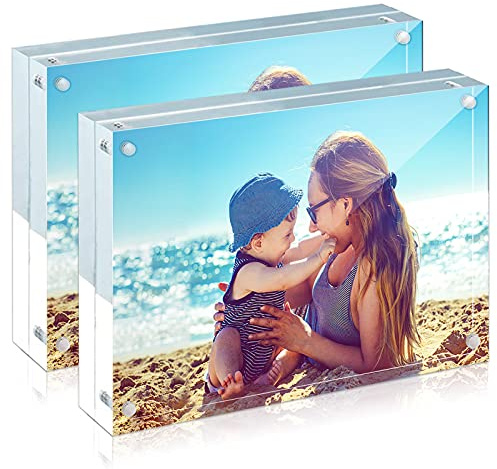 HELPLEX Acrylic Frame, 2 Pack 4x6 Acrylic Picture Frames, 20mm Thicker Frameless Clear Frame Double Sided Magnetic Frame, Free Standing Desktop Display