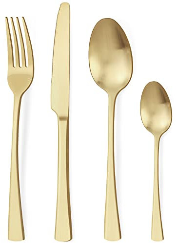 Bestdin Juego de cubiertos 24 piezas, set de cubiertos champán dorado mate para 6 personas, cubiertos de acero inoxidable pulido a espejo, juego de cuchillo, tenedor, cuchara, apto para lavavajillas
