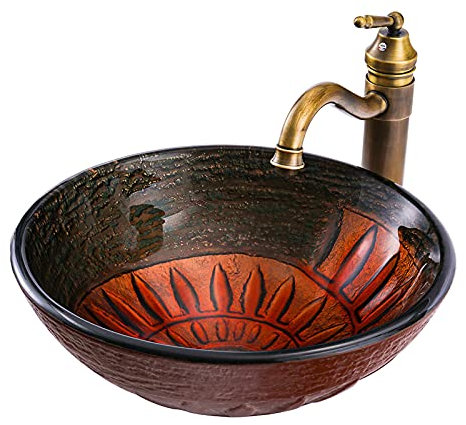 SHUGUANG Gehärtetes Glas Waschbecken, Aufsatzwaschbecken Glas Aufsatz Waschschale Waschtisch Rund Waschbecken Waschschale Braun und Rot Handwaschbecken mit Retro Wasserhahn, 420×420×145mm