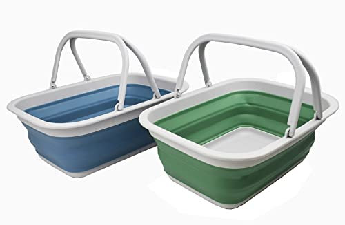 SAMMART Baignoire pliable avec poignée de 9,2 l – Panier de pique-nique portable – Bassin pliable pour laver la vaisselle, le camping, la randonnée (vert d'eau foncé et bleu acier (lot de 2)