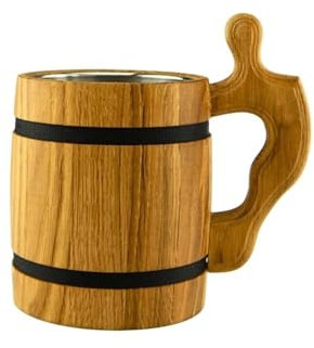 Waldmeister - Holz Bierkrug - Krug aus Eiche und Süßkirsche - Edelstahl Einsatz - 0,5 Liter - Robust - strapazierfähig - langlebig