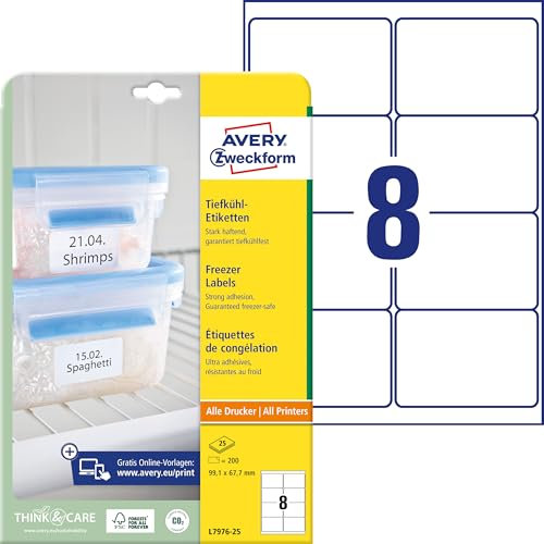 AVERY Zweckform L7976-25 - Etiquetas para congelado (200 pegatinas, 99,1 x 67,7 mm, A4, autoadhesivas, resistentes a temperaturas y congeladores, imprimibles, 25 hojas), color blanco