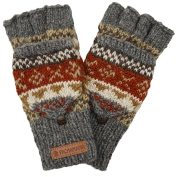 Damen Wolle fingerlose Handschuhe Fäustlinge Handgestrickt Fair Isle Mehrfarbig Einheitsgröße Handarbeit Extra Warm Pachamama Fair Trade, grau, One size