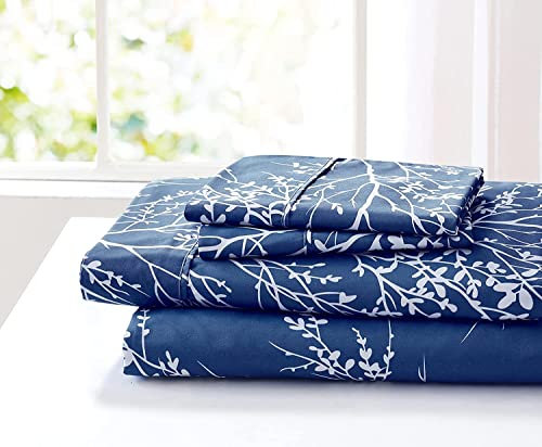 SL SPIRIT LINEN HOME EST. 1988 Komplettes Bettlaken-Set, superweiche Mikrofaser-Bettwäsche, Elegantes Blatt-Design und ideal für alle Jahreszeiten (voll, Marineblau/weiß) (337249)