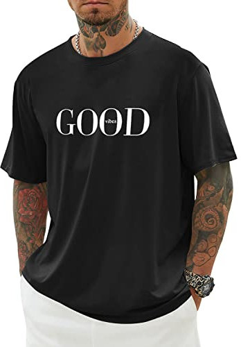 Minetom Herren T-Shirt Oversized Rundhals Kurzarm Lose Sommer Oberteile Mode Tshirt mit Good Vibes Kreativen Grafik Buchstaben Vintage Drucken Streetwear Sport Casual Lang Tops H Schwarz XL