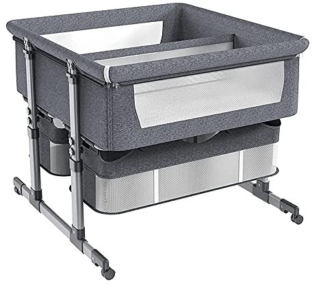 Beistellbett, Reisebett, Beistellbett, klappbare Seitenwand, 6-stufige Höhenverstellung und geräuscharmes Universalrad, für Baby-Zwillinge, grau