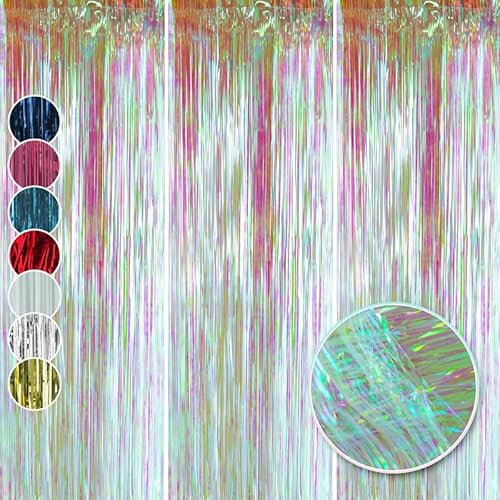 3 x holografische Folien-Lamettas für Weihnachtsdekorationen, schillernde weiße Lametta-Folien-Fransenvorhänge für Heimdekoration, Hochzeit, Geburtstag, Party, Größe: 50 cm