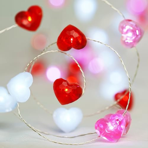 KAiSnova 10ft 40LED Red Pink White Heart Shaped Twinkle Fairy Lights, Battery Operated with Remote, Heart String Lights, Indoor/Outdoor, Valentines Day Decor