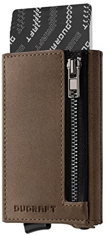 DUGRAFT Slim Wallet Herren mit Münzfach aus Veganer Leder, Aluminium Kerditkartenetui mit RFID Schutz, Smart Portmonee Geldbeutel für Karten und Münzen, Schokoladenbraun