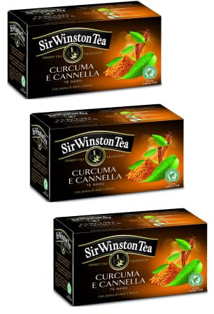 Sir Winston Tea® | Tè Nero Curcuma e Cannella con Aroma di Miele e Limone - 3 x 20 Bustine di Tè (105 Gr)