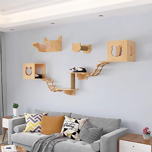 Katze Wandelement, Katzen Kletterwand, Katzen Wand Klettern Komplett Aus Massivholz, Katzenmöbel (Katzennest, Sisalsäule, Leiter, Sprungplattform, Raumkapsel), Kombinationsset (Size : Style2)