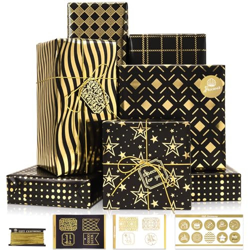 Larcenciel Geschenkpapier Set, 6 Blatt Metallic Geschenkpapier Schwarz Gold mit Aufkleber Geschenkanhänger, Geschenkverpackung Papier Glitzer mit Sternen Wellen für Geburtstage, Party, Ferien, 70x50cm