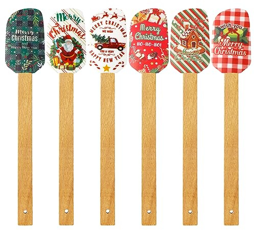 Patelai Christmas Silicone Spatula Xmas Cake Spatula with Wooden Handle Snowmen Pancake Spatula Cute Pan Scraper Xmas Dish Scraper Cooking Spatulas for Kitchen Mixing Cooking (Chic Style,6 Pieces)