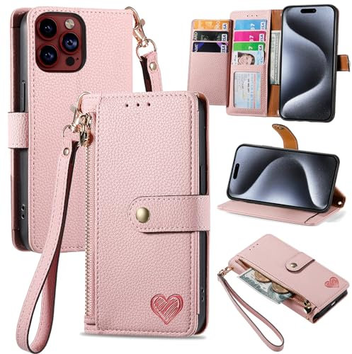 VEEMOS Handyhülle für Apple iPhone 15 Pro Hülle Klappbar Klapphülle Schutzhülle mit Kartenfach RFID Reißverschluss Handy Tasche Leder Flip Case Cover Handytasche Frauen - Rosa