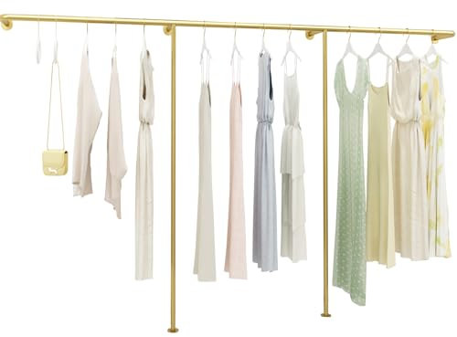 ZOUXIKOU Perchero industrial con tubos engrosados de metal, montaje en pared, barra de perchero, para tiendas de ropa y guardarropa, peso máximo 100 kg (dorado, 250 x 170 cm)