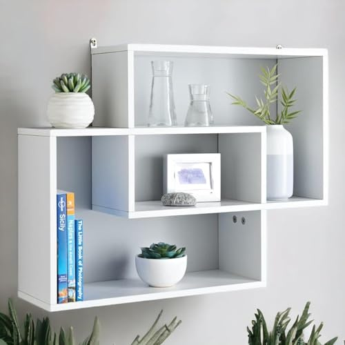 Homme Concept - White Multi Compartment Space Saving Floating Display Shelves Storage Shelf Organiser Unit Home Decor Bookshelf for Living Room, Bedroom, Home Office