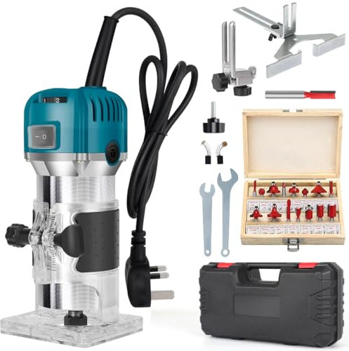 Fresa Elettrica per Legno a Mano Laminatore Router 800W 220V, Fresatrice Rifilatore, 15 pezzi 1/4 fresa con pinza di serraggio 6,35 mm con Accessori Completati