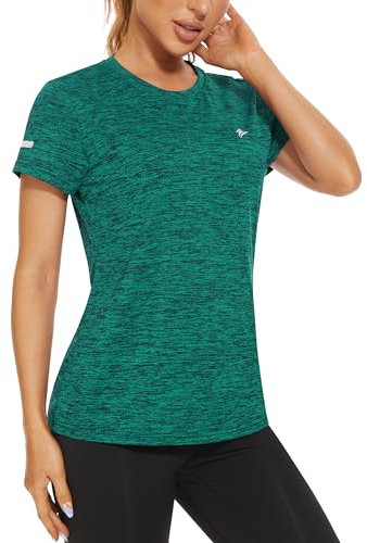 TACVASEN Sport Tshirt Damen Kurzarm Outdoor Freizeitshirt Stretch Atmungsaktiv Funktions Basic Meliert Shirt Wandern Gym Yoga (XL, Jadegrün)