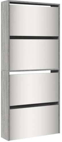 vidaXL Schuhschrank, Schuhkipper mit Spiegel 4 Fächern, Schuhregal Schuhablage für Eingangsbereich Flur Wohnzimmer, Schuhkommode Schuhaufbewahrung, Grau Sonoma