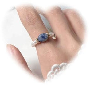 Crymystal Bohemian Perlen Ring mit Perlen stapelbar Ring mit Perlen Blau Naturstein Ring mit Perlen aus Naturstein Stretch Ring Bohemian stapelbare Ringe für Frauen und Mädchen Geschenke (Blau)