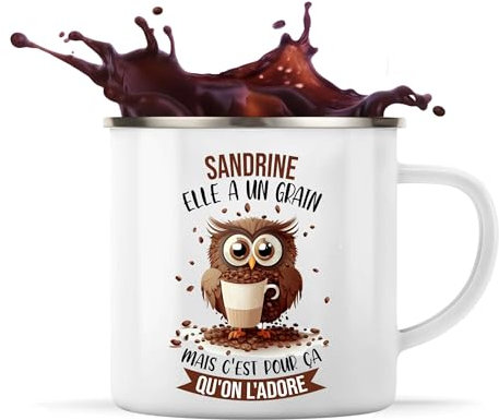 Planetee Tasse Sandrine Chouette Café 360 ml | Mug Émaillé Métallique | Idée Cadeau Humour Collègue Travail Famille Anniversaire Noël