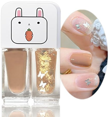 Glitter Butterfly Nail Polish Set, Pearl White 2 in 1 Quick Dry Light Warm Brown Nail Polish set, No Need Cure Nail Varnish, Long Lasting Chip-resistant Cute DIY Nail Art at Home, Gift for Women