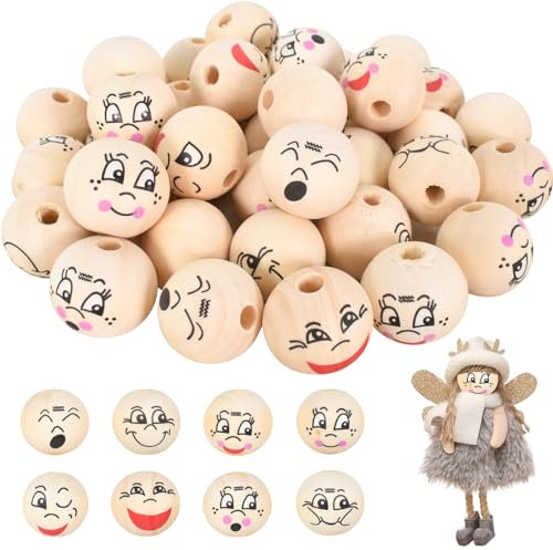 40PCS Wooden Beads Set with 10m String, Natural Wood Smiley Beads in 8 Styles for Key Chains, Angel Crafts (20 * 20mm)
