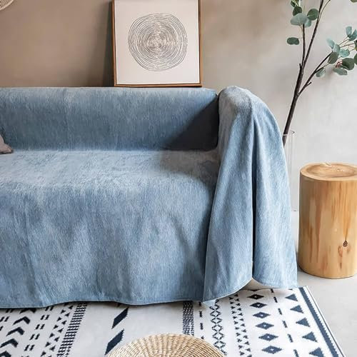 AMDXD Sofa Überwurfdecke, Einfarbig Muster Ecksofa Bezug Abnehmbar, rutschfeste Sofaüberwurf Hund in Chenille Anti-Rutsch-Couch - 180x220CM, Blau Grau