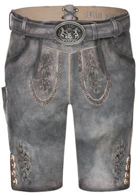 Nübler Herren Lederhose Thomas Grau - Kurze Trachtenhose im Landhaustil - Hochwertige Verarbeitung mit Stickerei und Brotzeitfalte, Größe:50