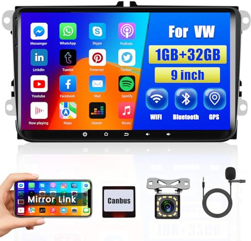 [1G+32G] Hikity Android13 Radio Coche para VW Golf Polo Seat Passat S-Koda T-Ouran Tiguan 9'' 2 DIN Radio de Coche con GPS/Mirror Link/WiFi/Bluetooth/FM/2USB/MIC/Cámara de Marcha Atrás