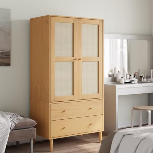 Willood Kleiderschrank SENJA Rattan-Optik Braun 90x55x175cm Kiefernholz Garderobenschrank mit 2 Schubladen 4 Fächern, Garderobe Mehrzweckschrank mit Rattan-Optik, Schrank Flurschrank