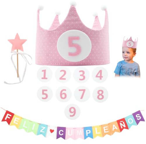 Corona Cumpleaños con Números Intercambiables 1, 2, 3 Años al 9, Set de Fiesta Cumpleaños Infantil Corona Cumpleaños Varita y Guirnalda de Feliz Cumpleaños - Ideal para Cumpleaños (ROSA)