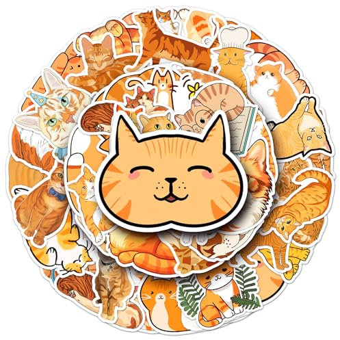 Bric Dodo 50 Stück Orange Katze Aufkleber Auto Laptop Telefon Gitarre Skateboard Motorrad Fahrrad Orange Cats Stickers Set Vinyl Wasserdicht Aesthetic Aufkleber für Jugendliche Kinder Erwachsene