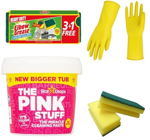 The Pink Stuff Cleaning Products - 850g Pink Stuff Paste Cleaner Bundle with Gloves and Elbow Grease Sponge 3+1 - Ideal Cleaning Products Bundle for Kitchen and Bathroom Surfaces