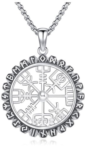 Eusense Wikinger Kompass Anhänger Wikinger Schmuck für Männer Vegvisir Halskette 925 Sterling Silber Nordische Mythologie Amulett Wikinger Schmuck Geschenk für Männer Frauen