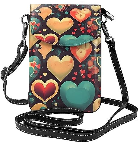 yefan Umhängetasche mit bunten Herzen und Reißverschluss für Damen, Schultertasche mit Kartenschlitz, abnehmbarer Schultergurt, 19,2 x 12,5 cm., Schwarz , Einheitsgröße