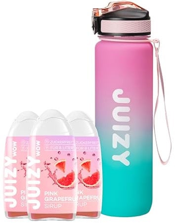 Trinkflasche Starter Set 3x Zuckerfreier Sirup Pink Grapefruit inklusive, Sport Wasserflasche [Bottle BPA-free] 1Liter Auslaufsichere Sportflasche | Sirup ohne Zucker More Juizy Less Calories