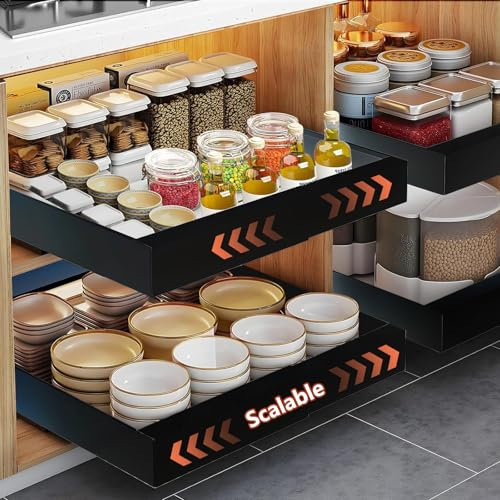 2 Pieza Cajones Extraibles Para Cocina, Cajón Telescópico Adhesivo, Telescópico Cajones Deslizantes Para Cocina no Requiere Taladrar Ni Clavar, Telescópico Organizador Armario Cocina (32-52cm)