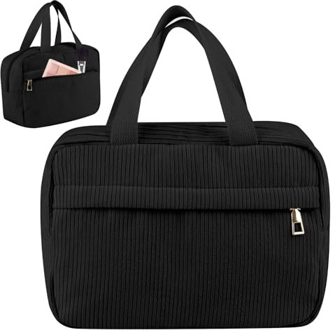 Kulturtasche Damen Groß, 25 × 17 cm Reise Kulturbeutel Damen, Cordsamt Kosmetiktasche, Dunkler Make up Tasche, Waschtasche mit Metall Reißverschluss, Cosmetic Bag für Mädchen Frauen Herren(Schwarz)