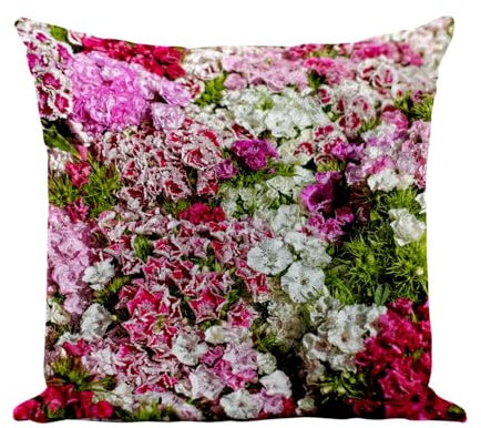 Fabulous Cuscino in finta pelle, bianco, con occhielli, fiori natura, bouquet aiuola, 40 x 40 cm, in pelle, con federa e cuscino inclusi