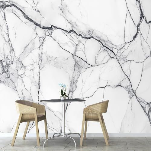 Papier Peint Photo Wallpaper Mural,3D Panoramique Murale Marbre Blanc Rayures Noires, Papier Peint soie 350×256cm, pour Salon, Chambre Enfant Décoration Murale