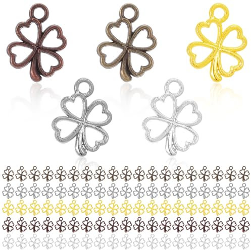 AOZUO 100 Stück Vierblättriges Kleeblatt Charm Anhänger, 5 Farben Kleine Zinklegierung Ohrringe Halskette Armband Anhänger DIY Basteln Schmuck Ornamente