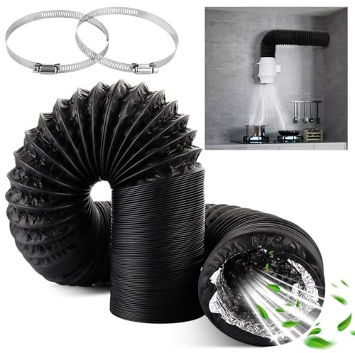 Oungy 150mm Ducting, 5m/16ft Tumble Dryer Vent Hose, Black Extractor Fan Ducting with 2 Clamps, Radiator Foil Ventilation Tumble Dryer Pipe Hose for Extractor Fan, Dryer, Cooker Hood
